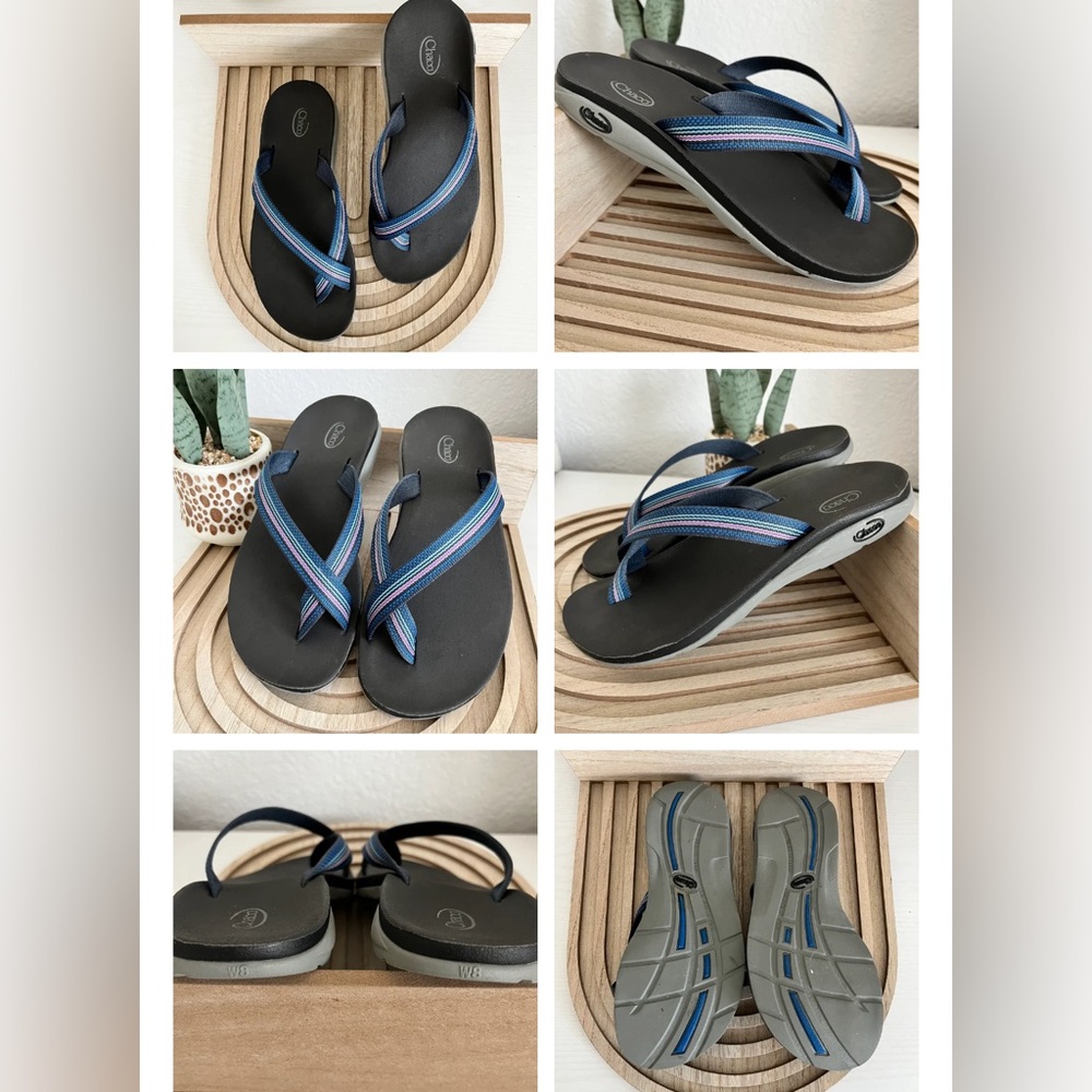 Chacos Tanana EcoTread Sandals Shoes BLUE STRIPE Toe Loop Flip Flops Women's 8